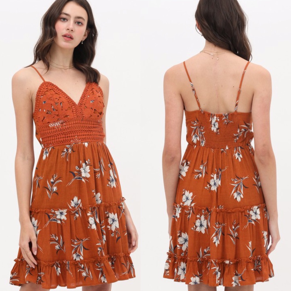 Crochet Lace Top Floral Print Tiered Summer Dress
